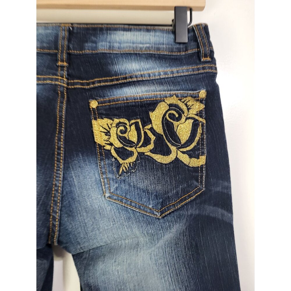 Southpole Womens Y2K Bootcut Jeans SZ 9 Blue Denim Gold Embroidered Rose Detail - Picture 10 of 12